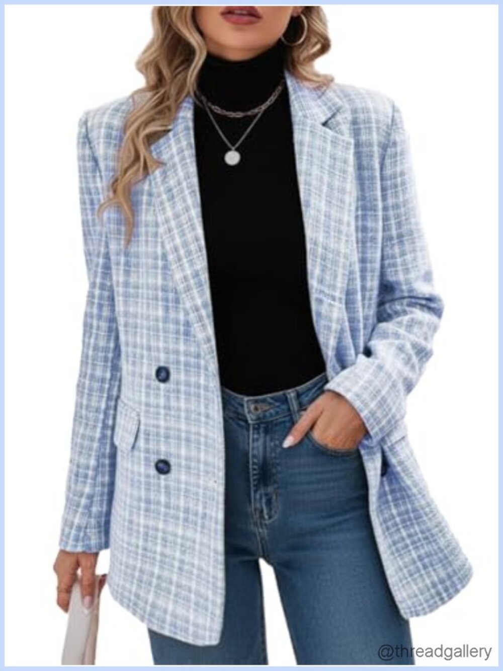 Plaid Tweed Blazer Open Front Business Casual Work Office Suit Coat